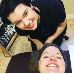 Cassie getting a light facial peel using a variety of acids from our esthetician, Cammie.