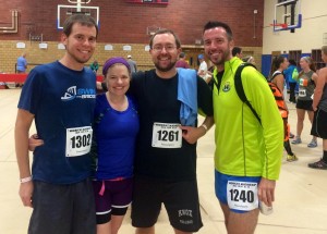 Matt Jesson (Cassie's Husband), Cassie Sampson (Spa Owner), Dan Chibnall, and Braxton Pulley (East Village Chiropractic) ran the Midnight Madness Run in Ames on 7/12
