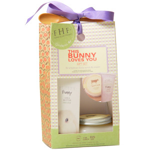 This Bunny Loves You set includes a Fluffy Bunny (lavender mint) hand cream and a sweet cream salt scrub.  It is so pretty it doesn't need a basket!