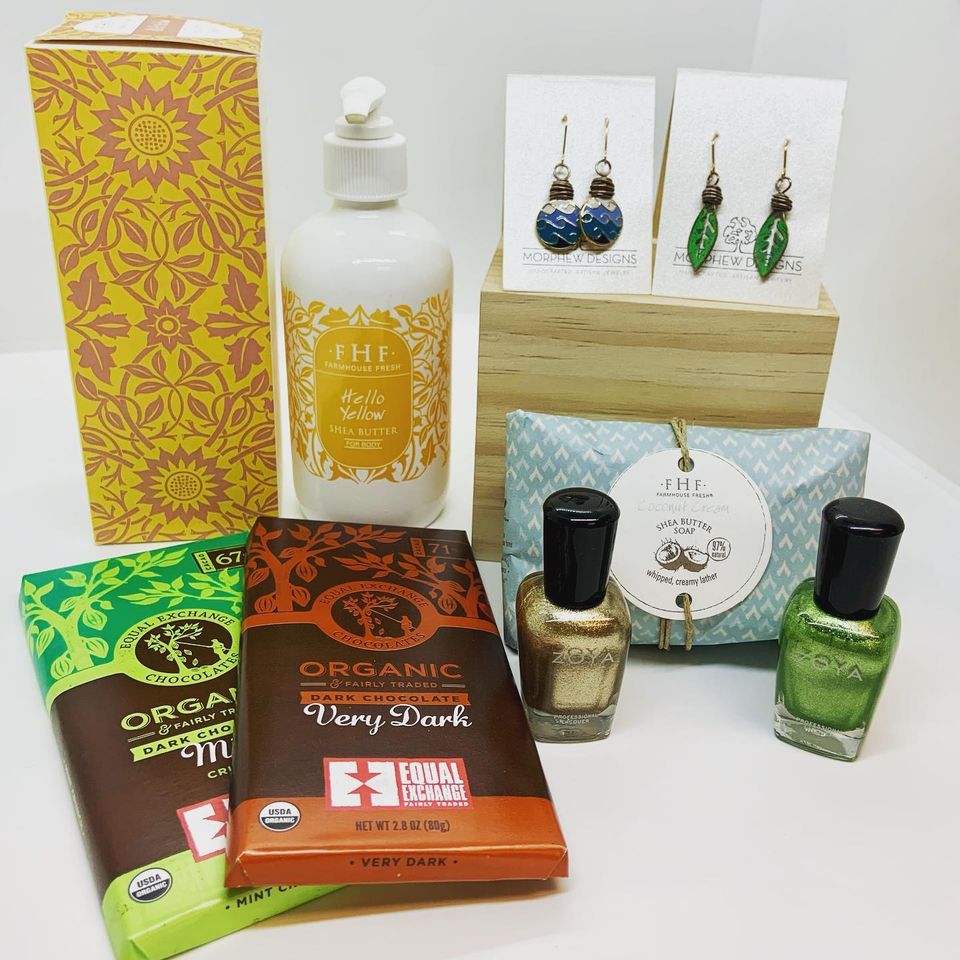 vegan and sustainable gifts from East Village Spa including chocolate, jewelry, body care, nail polish.